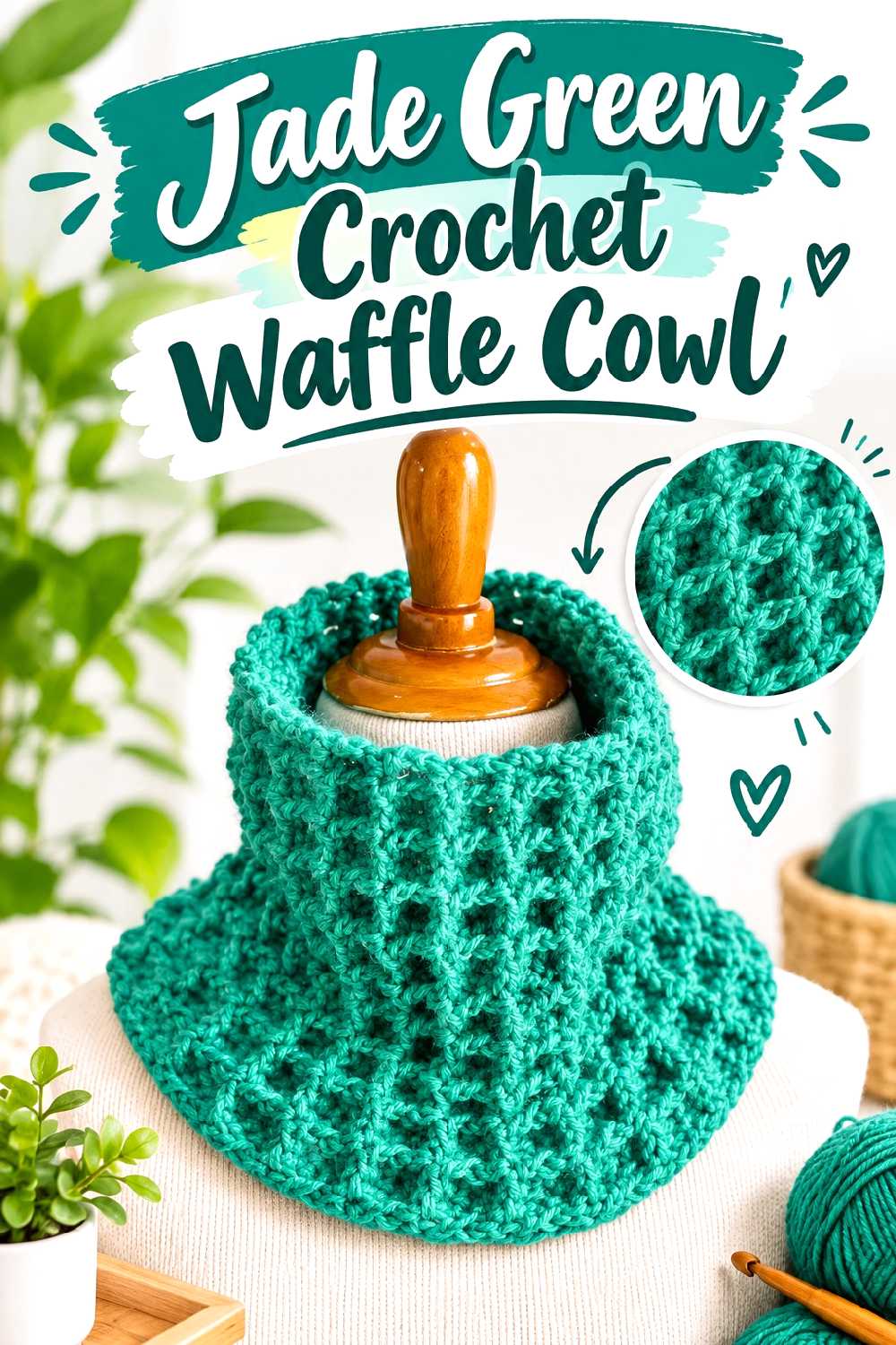 6. Jade Green Crochet Waffle Cowl