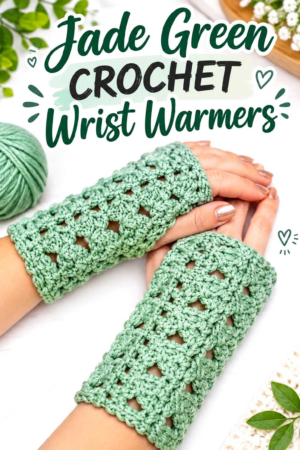 8. Jade Green Crochet Wrist Warmers