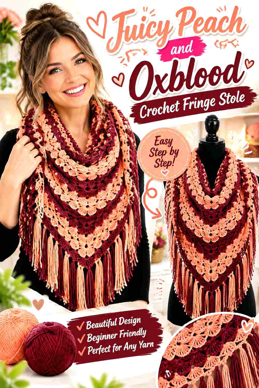 7. Juicy Peach And Oxblood Crochet Fringe Stole
