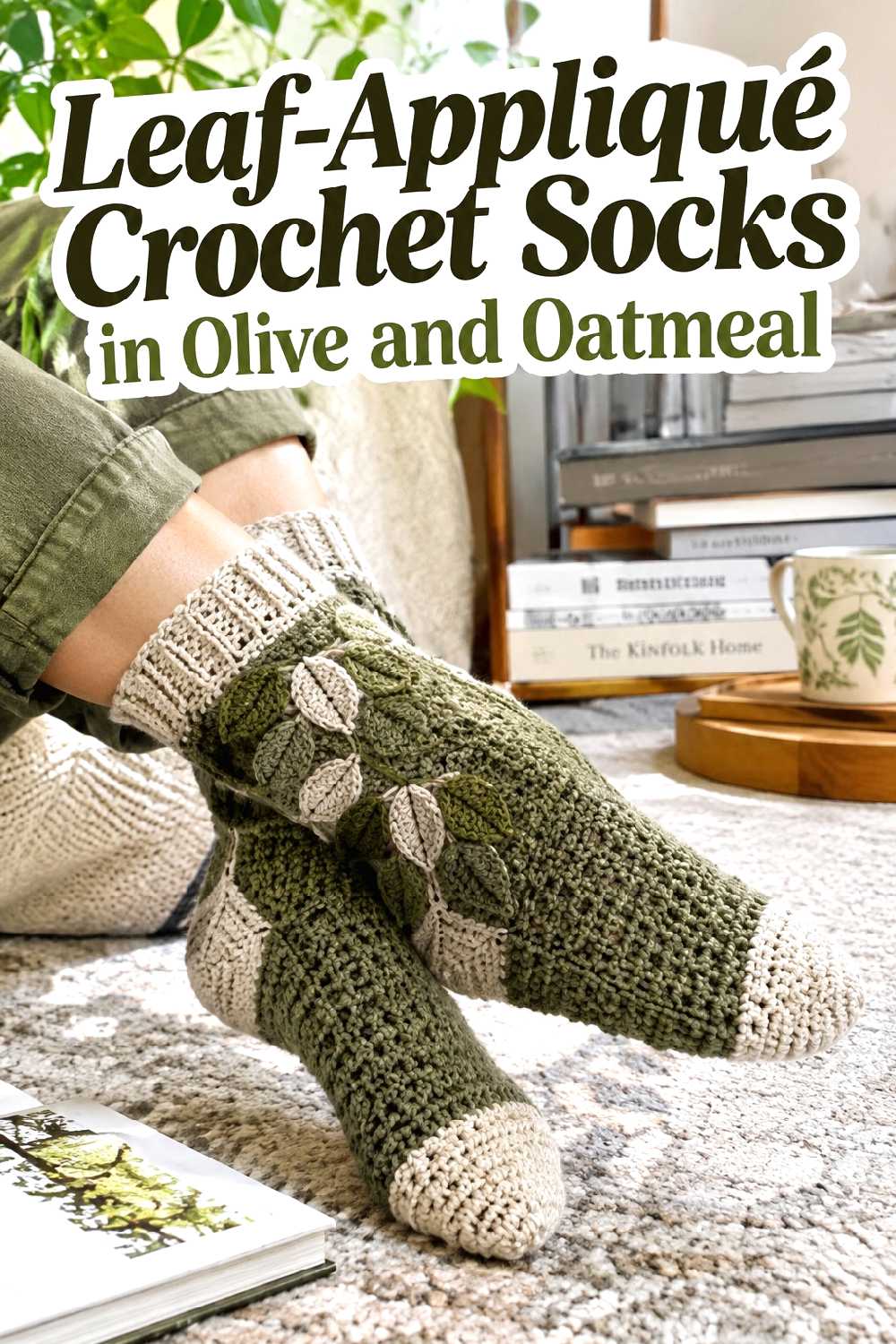5. Leaf Applique Crochet Socks In Olive And Oatmeal