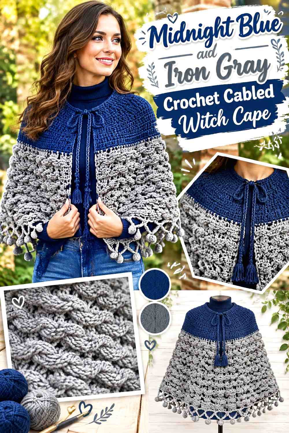 7. Midnight Blue And Iron Gray Crochet Cabled Witch Cape