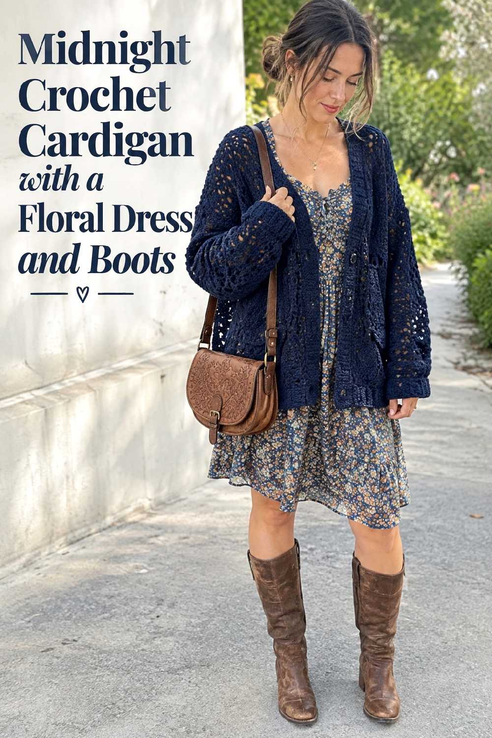 14. Midnight Crochet Cardigan With A Floral Dress And Boots
