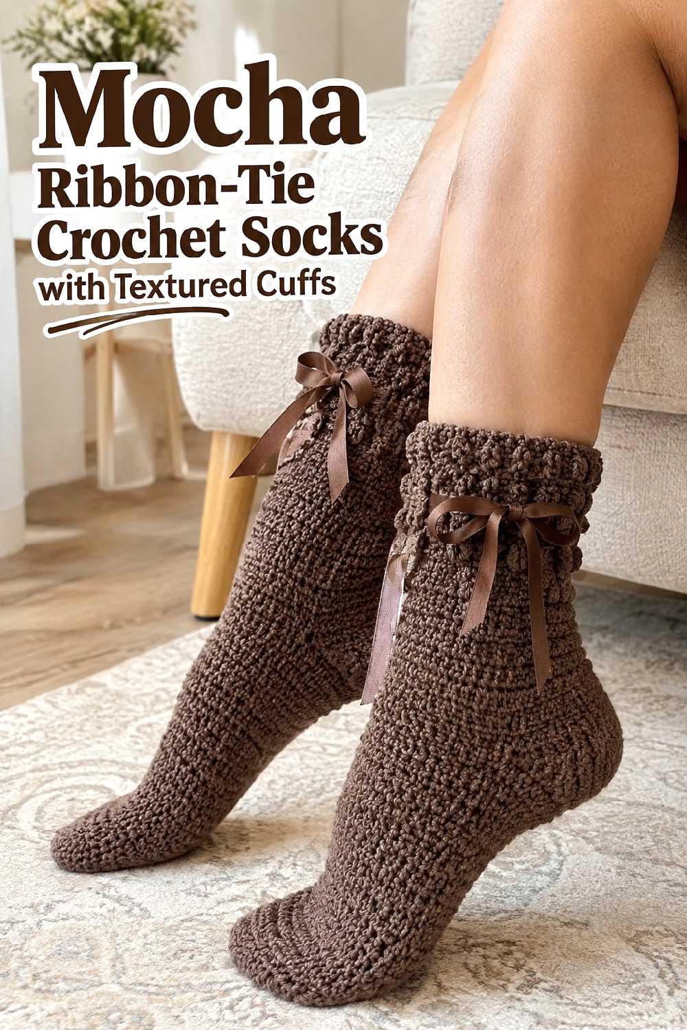 15. Mocha Ribbon Tie Crochet Socks With Textured Cuffs