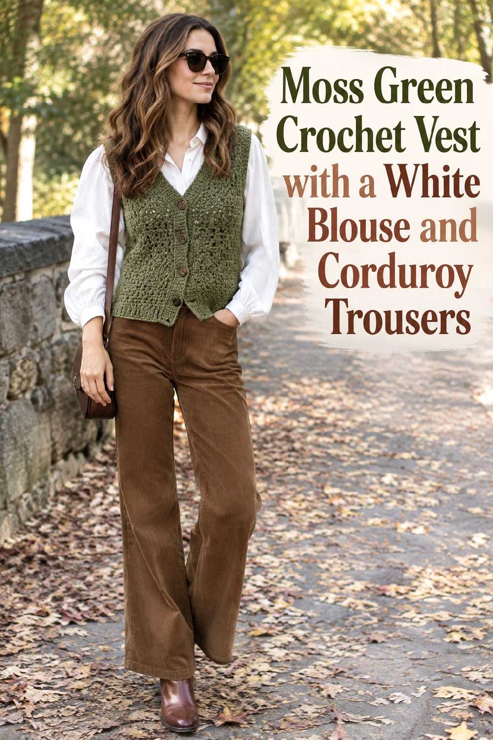 4. Moss Green Crochet Vest With A White Blouse And Corduroy Trousers