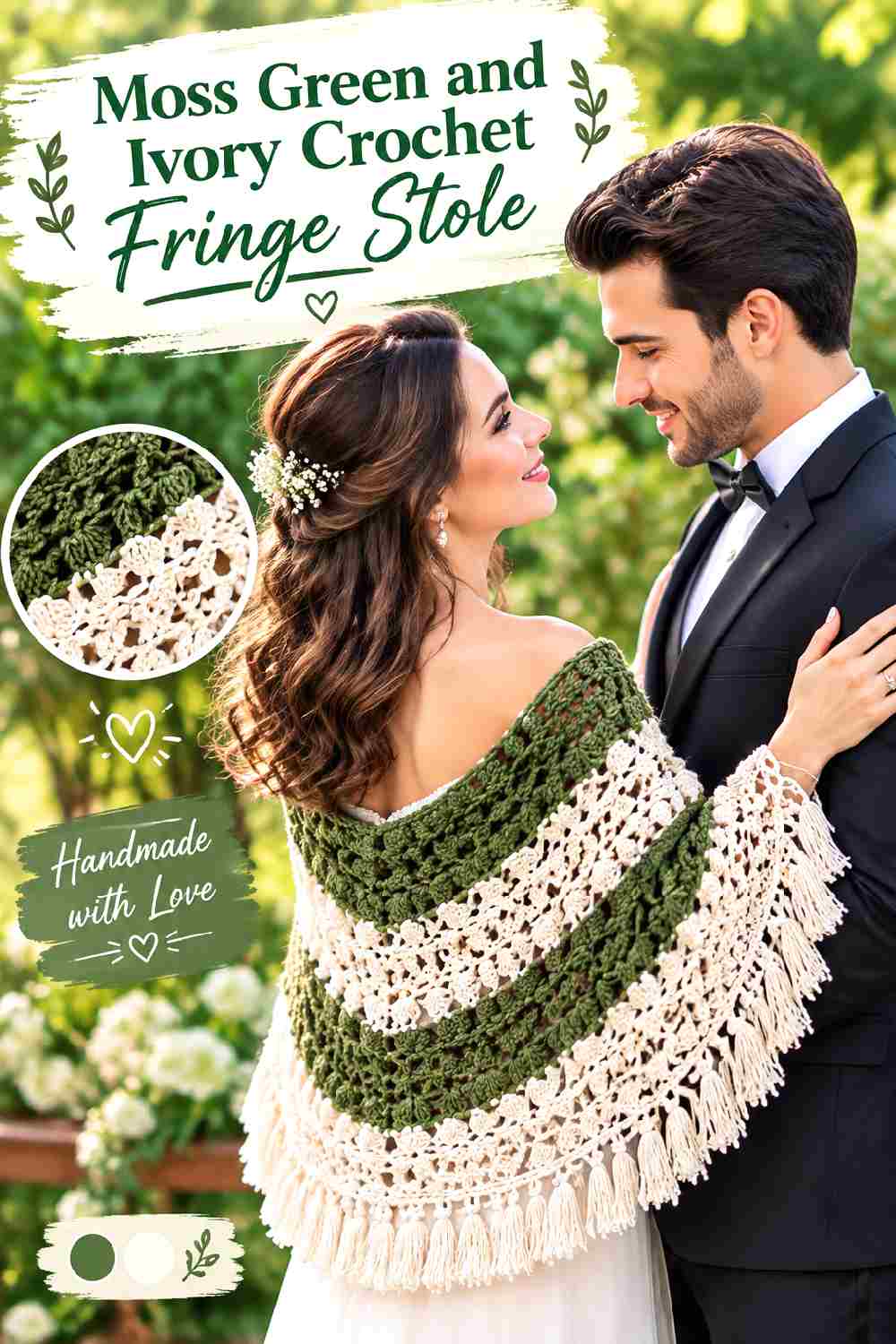 11. Moss Green And Ivory Crochet Fringe Stole