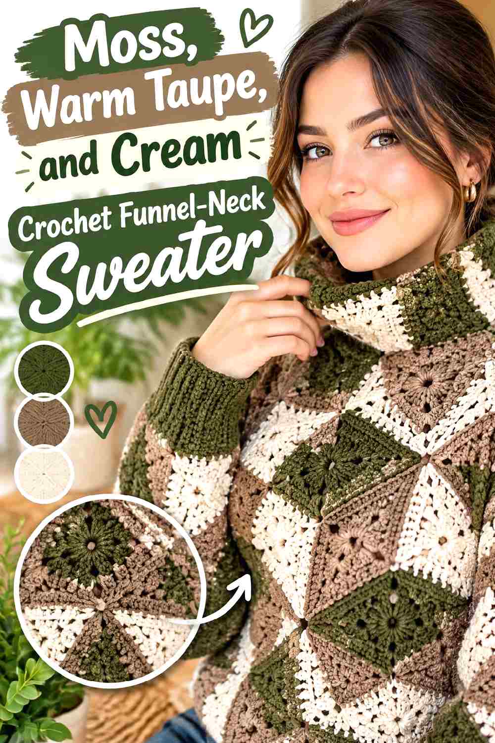 12. Moss Warm Taupe And Cream Crochet Funnel Neck Sweater