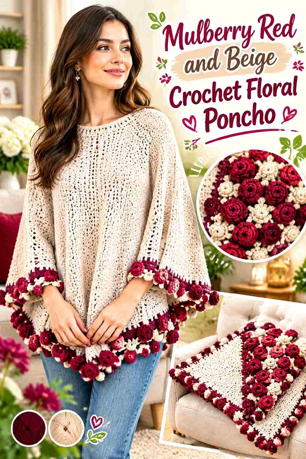 15. Mulberry Red And Beige Crochet Floral Poncho
