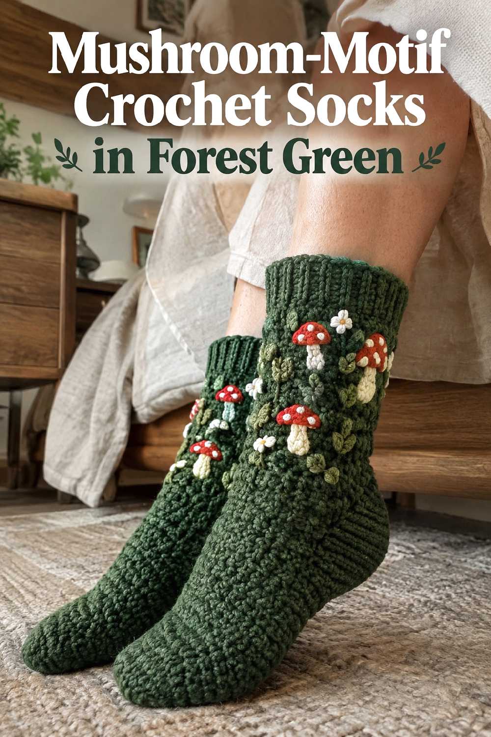 11. Mushroom Motif Crochet Socks In Forest Green