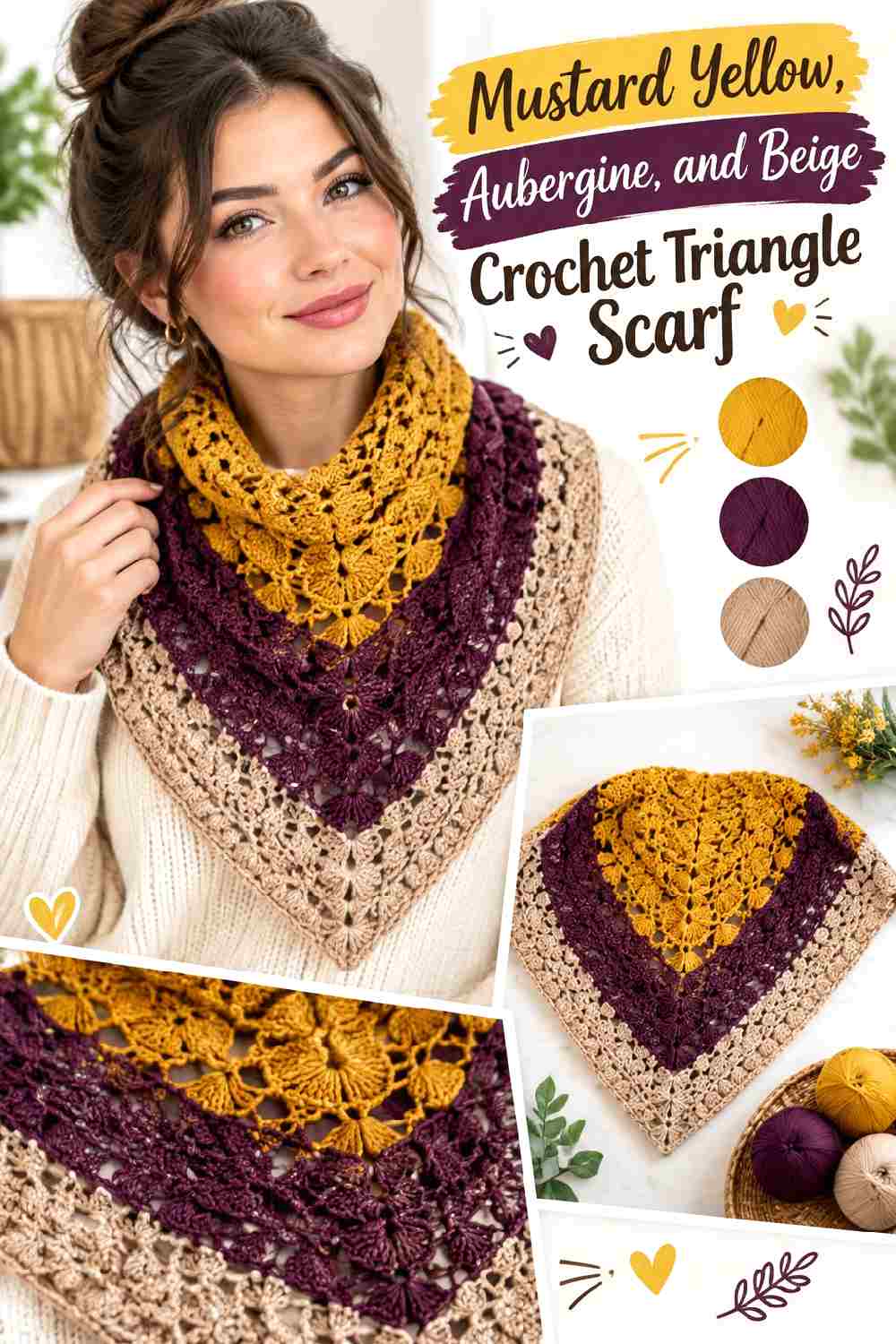 19. Mustard Yellow Aubergine And Beige Crochet Triangle Scarf