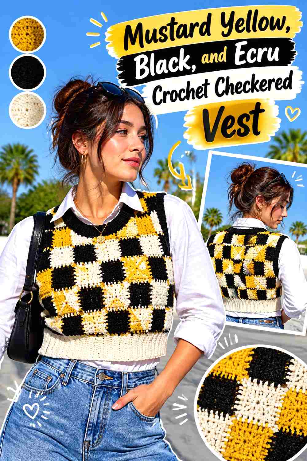 4. Mustard Yellow Black And Ecru Crochet Checkered Vest
