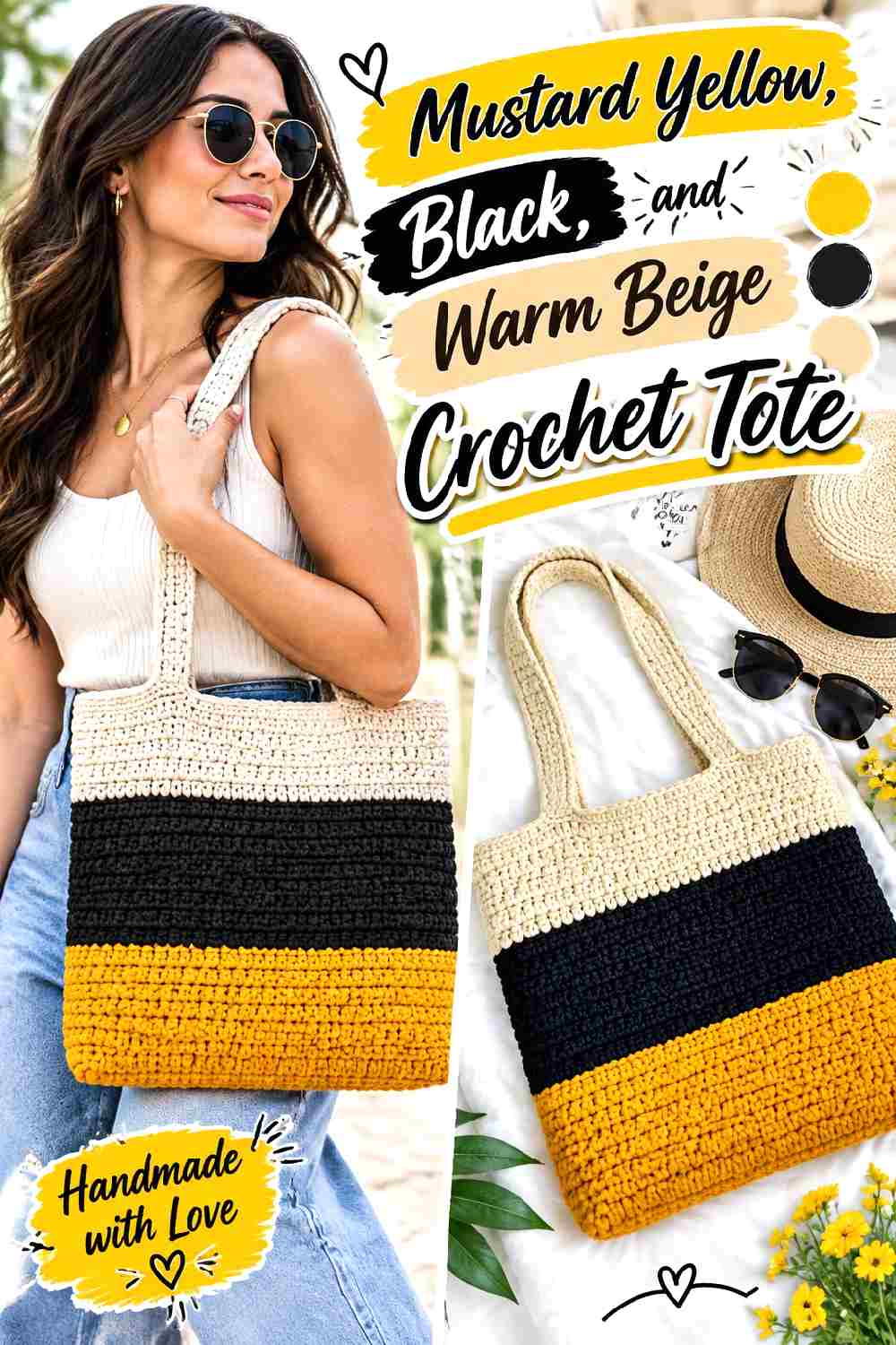 15. Mustard Yellow Black And Warm Beige Crochet Tote