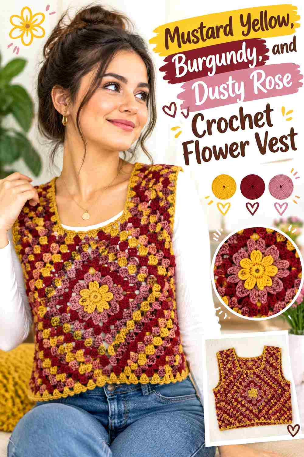 8. Mustard Yellow Burgundy And Dusty Rose Crochet Flower Vest