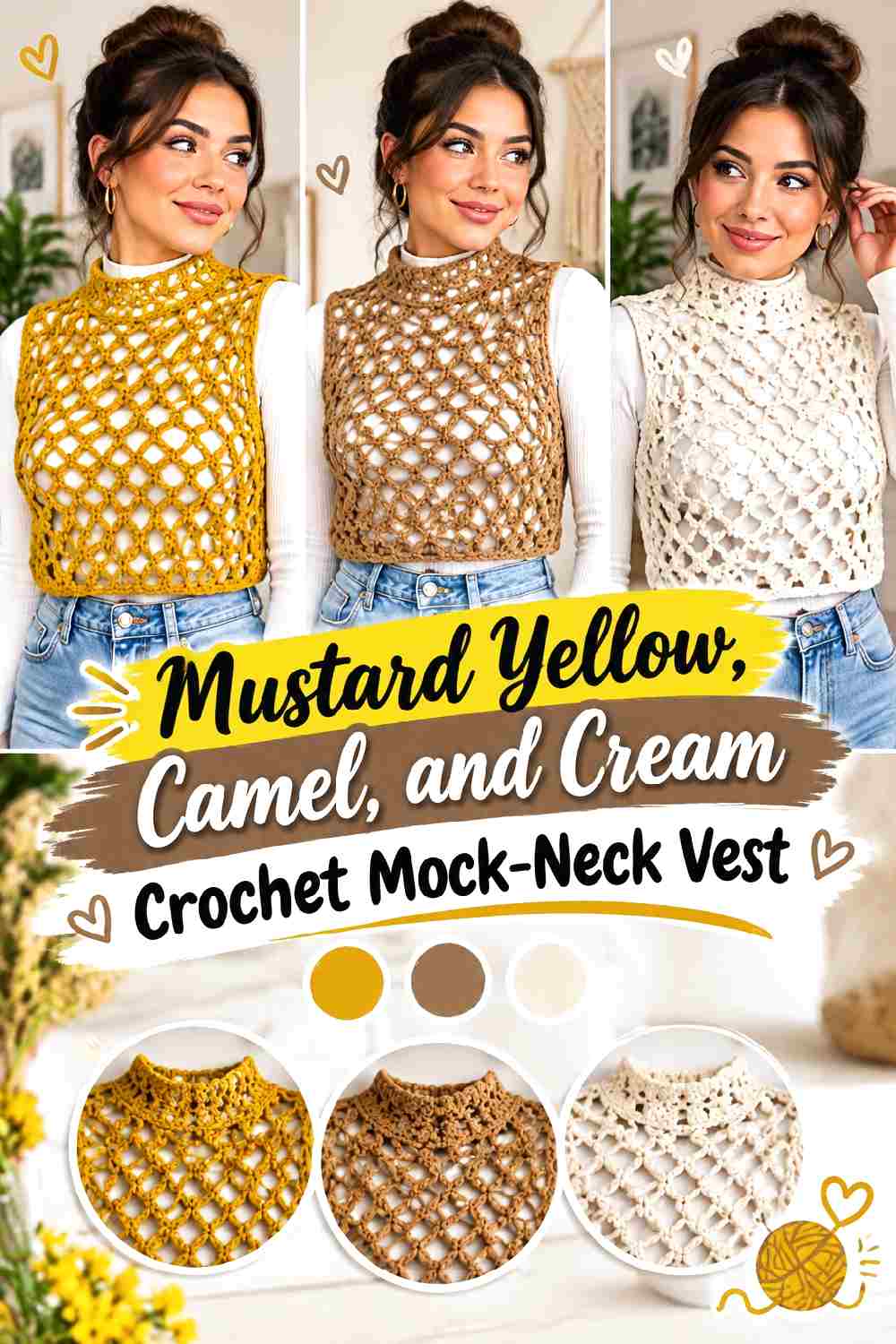 5. Mustard Yellow Camel And Cream Crochet Mock Neck Vest