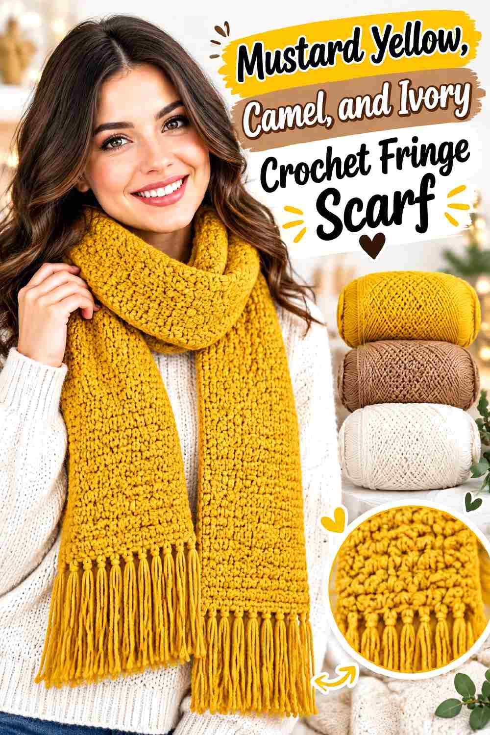 20. Mustard Yellow Camel And Ivory Crochet Fringe Scarf