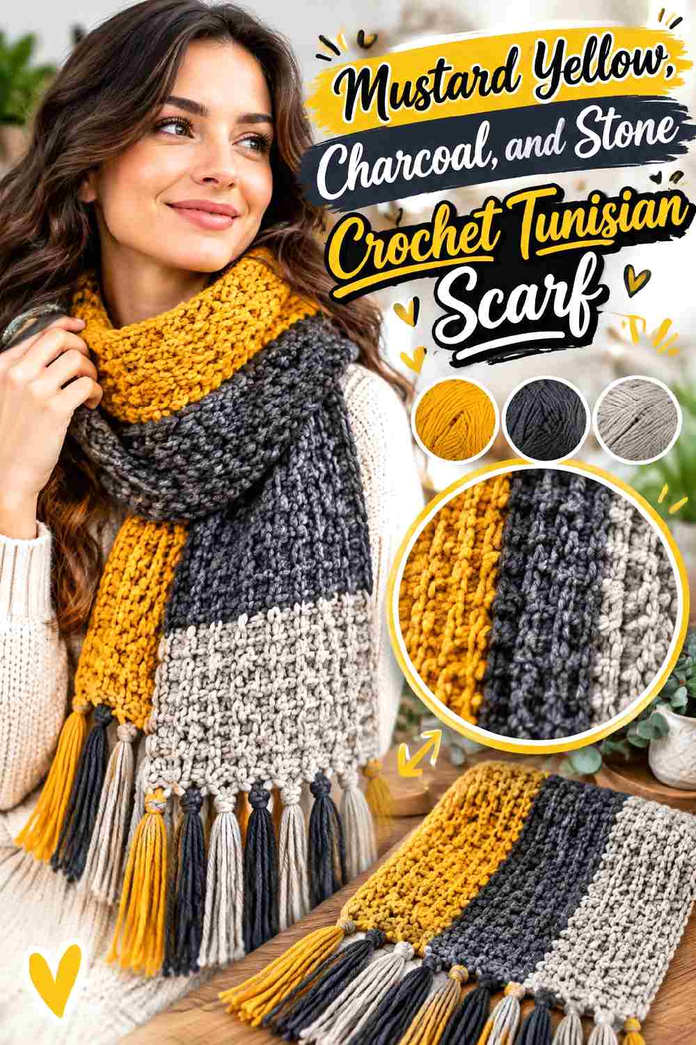 22. Mustard Yellow Charcoal And Stone Crochet Tunisian Scarf