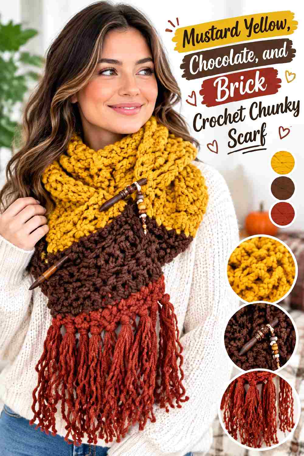 21. Mustard Yellow Chocolate And Brick Crochet Chunky Scarf