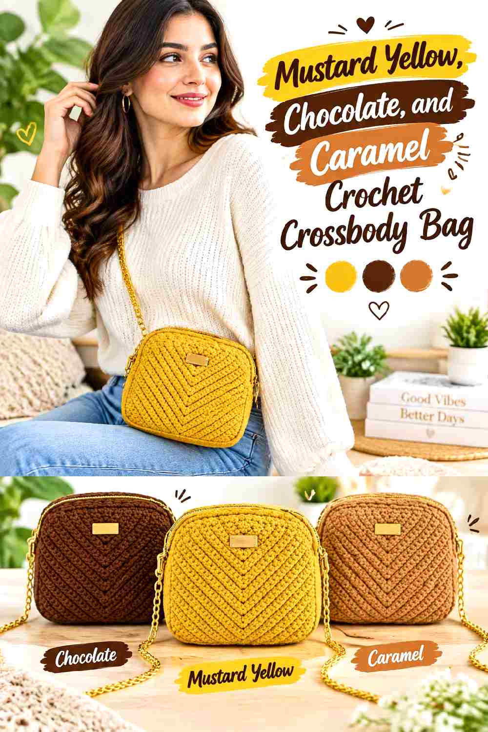 14. Mustard Yellow Chocolate And Caramel Crochet Crossbody Bag