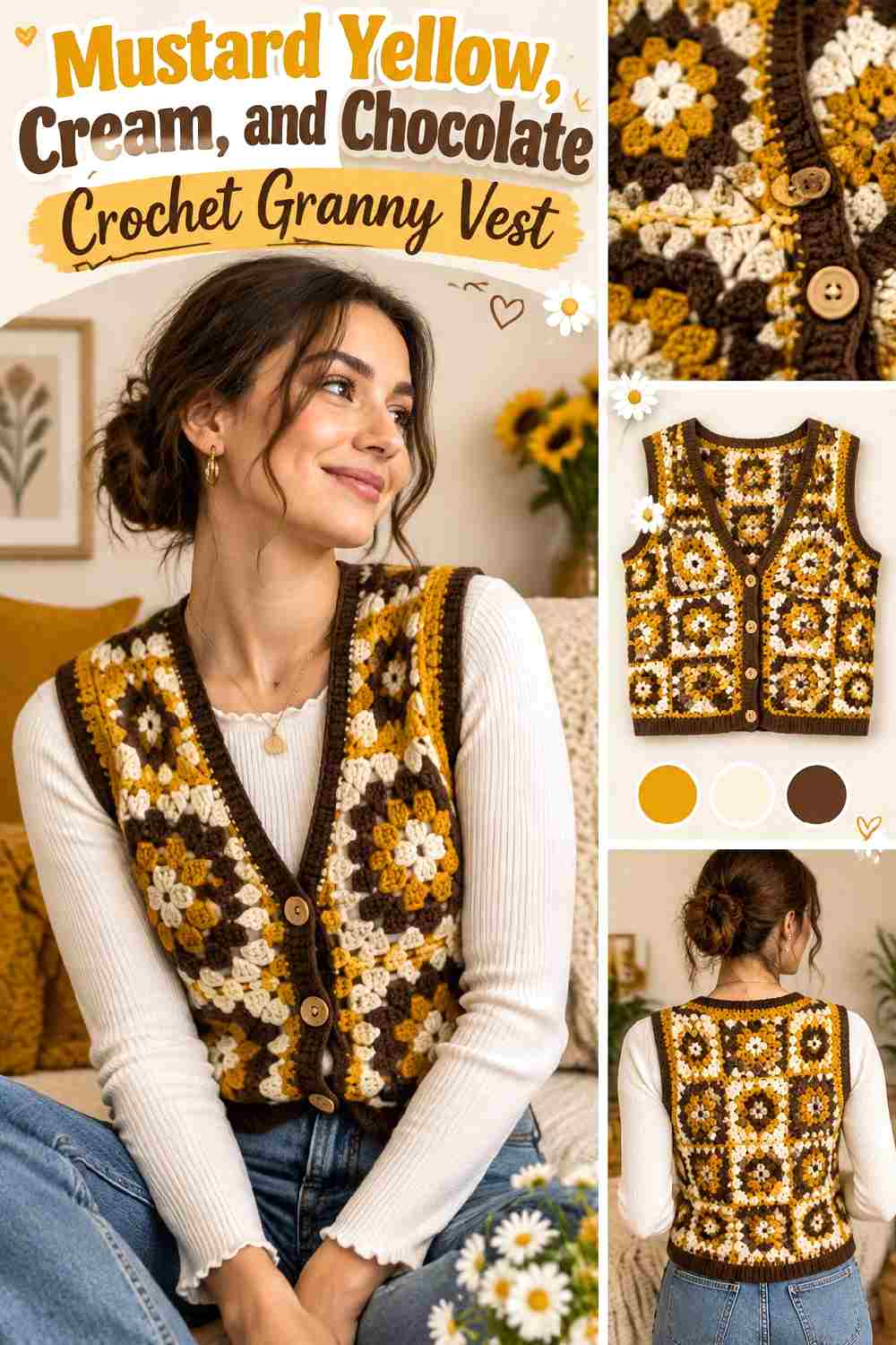 1. Mustard Yellow Cream And Chocolate Crochet Granny Vest