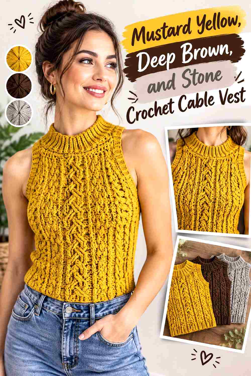 9. Mustard Yellow Deep Brown And Stone Crochet Cable Vest