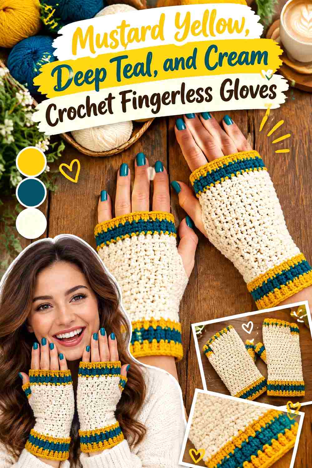 25. Mustard Yellow Deep Teal And Cream Crochet Fingerless Gloves