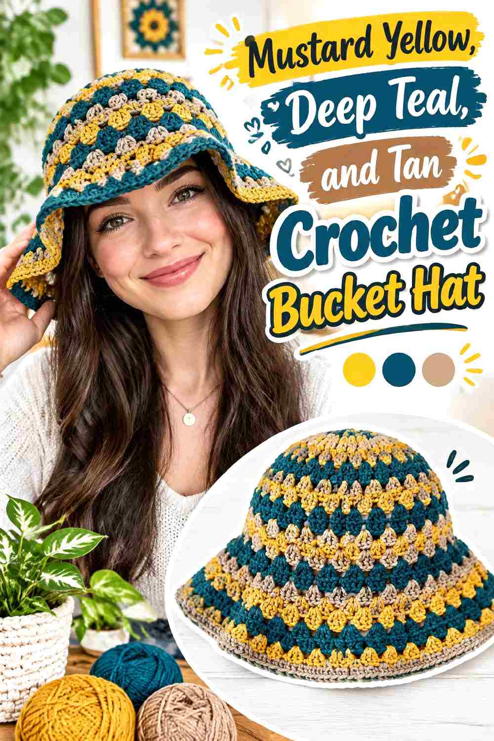 13. Mustard Yellow Deep Teal And Tan Crochet Bucket Hat