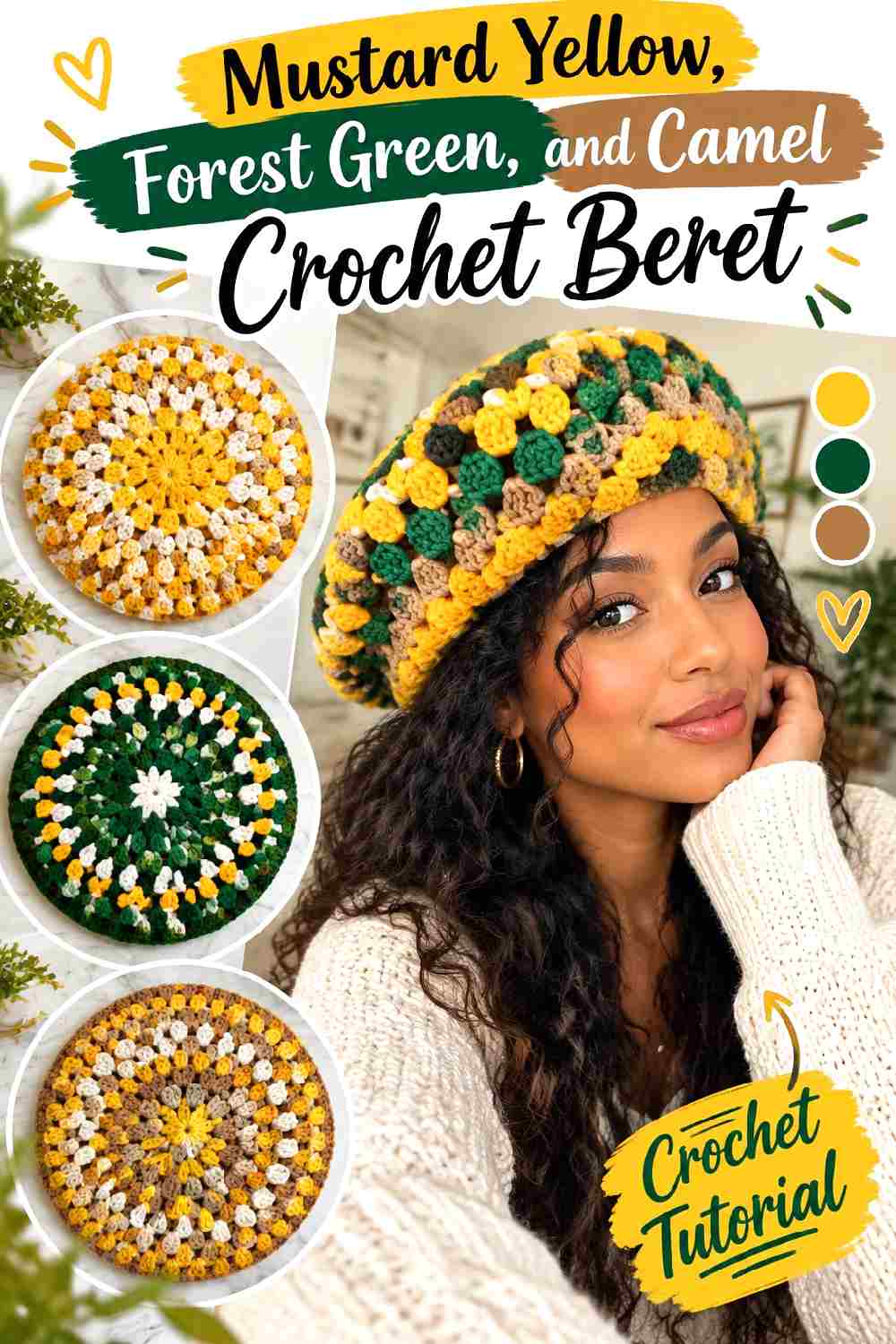 11. Mustard Yellow Forest Green And Camel Crochet Beret