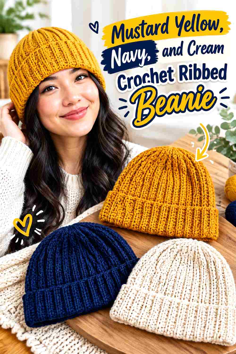 10. Mustard Yellow Navy And Cream Crochet Ribbed Beanie