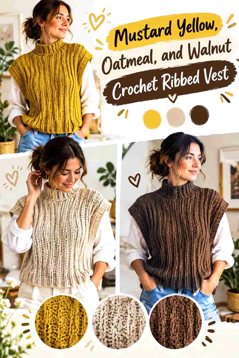 3. Mustard Yellow Oatmeal And Walnut Crochet Ribbed Vest