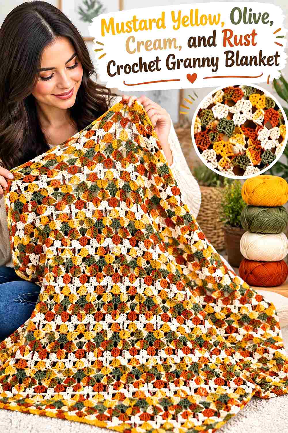 18. Mustard Yellow Olive Cream And Rust Crochet Granny Blanket