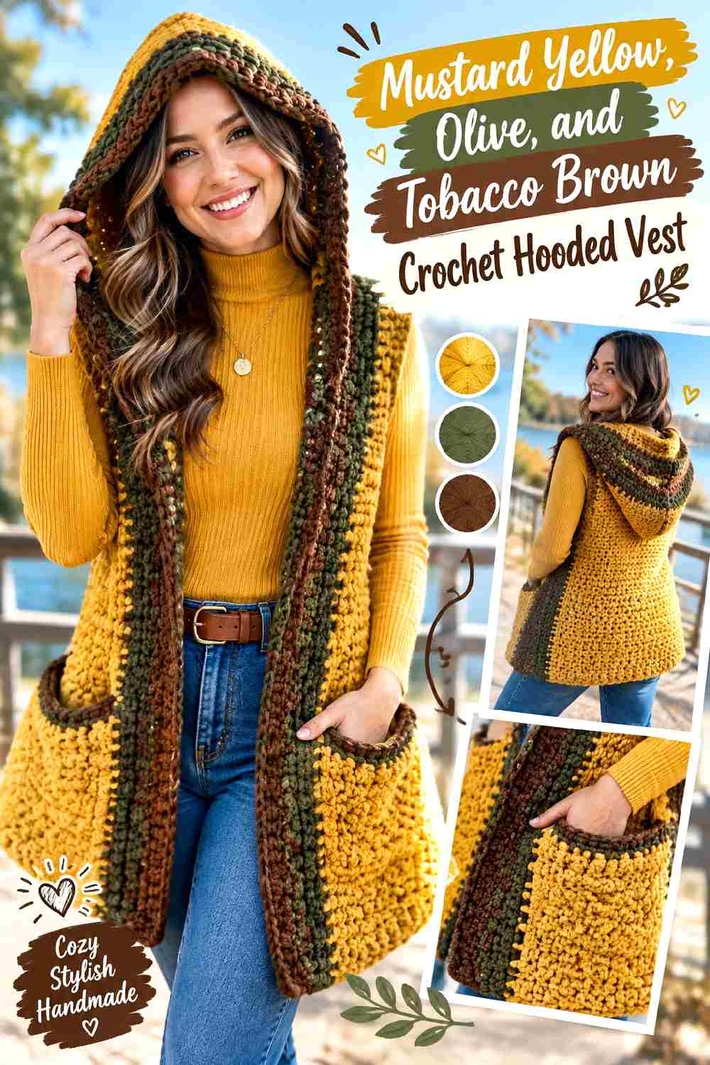 6. Mustard Yellow Olive And Tobacco Brown Crochet Hooded Vest