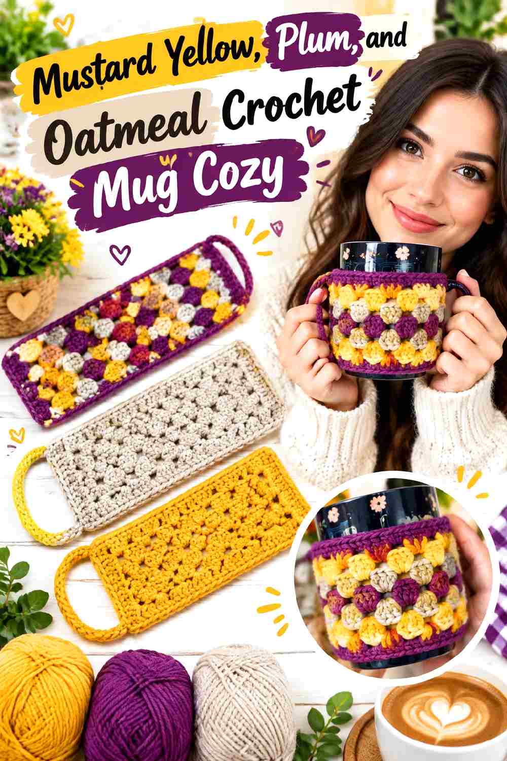 17. Mustard Yellow Plum And Oatmeal Crochet Mug Cozy