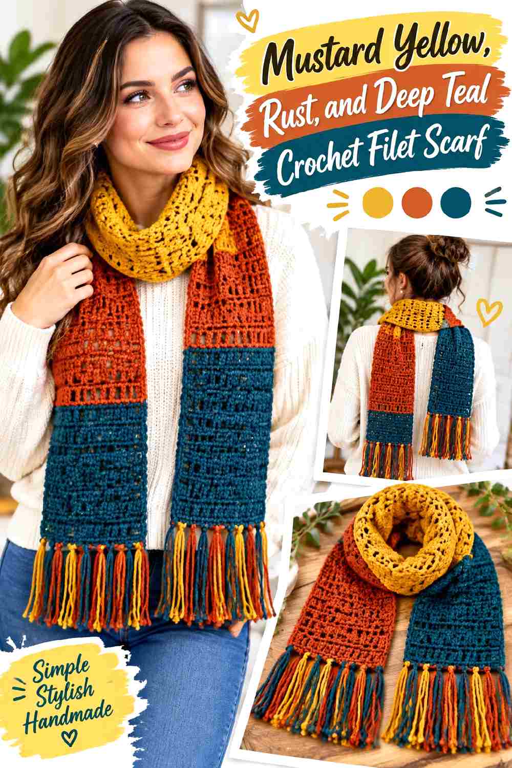 23. Mustard Yellow Rust And Deep Teal Crochet Filet Scarf