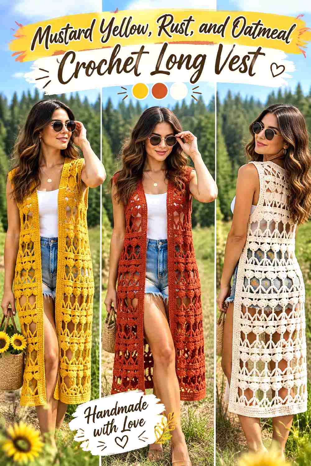 7. Mustard Yellow Rust And Oatmeal Crochet Long Vest