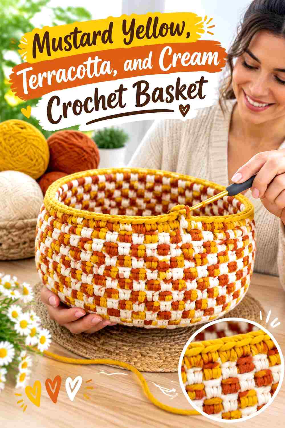 16. Mustard Yellow Terracotta And Cream Crochet Basket