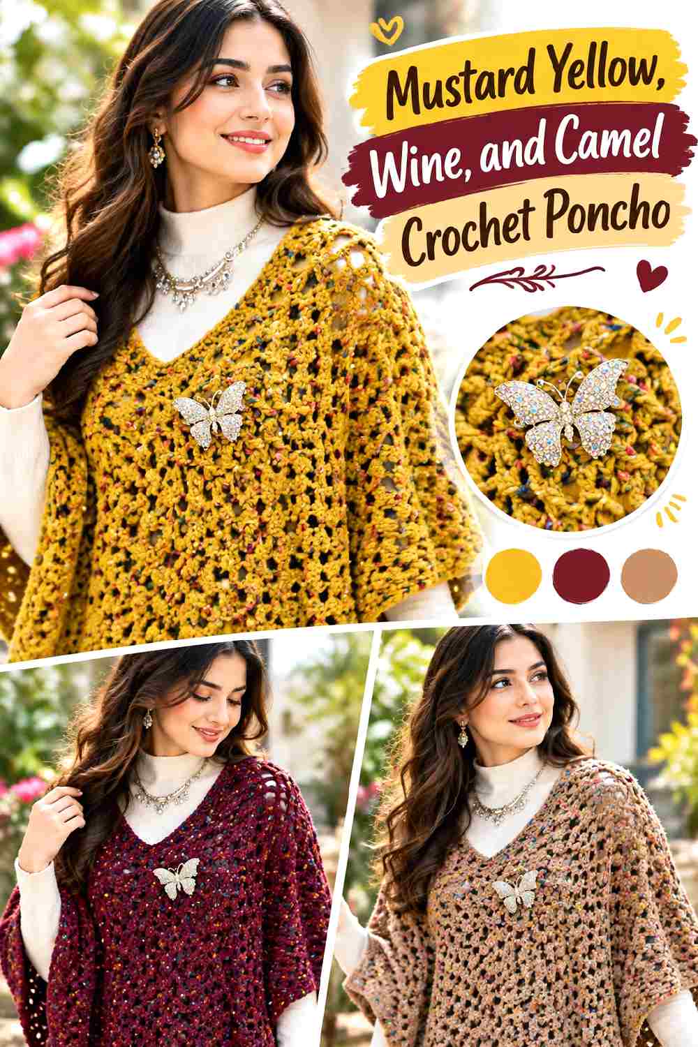 24. Mustard Yellow Wine And Camel Crochet Poncho