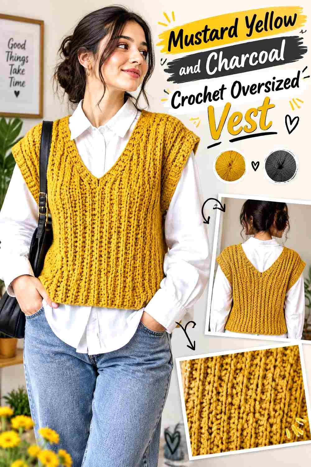 2. Mustard Yellow And Charcoal Crochet Oversized Vest
