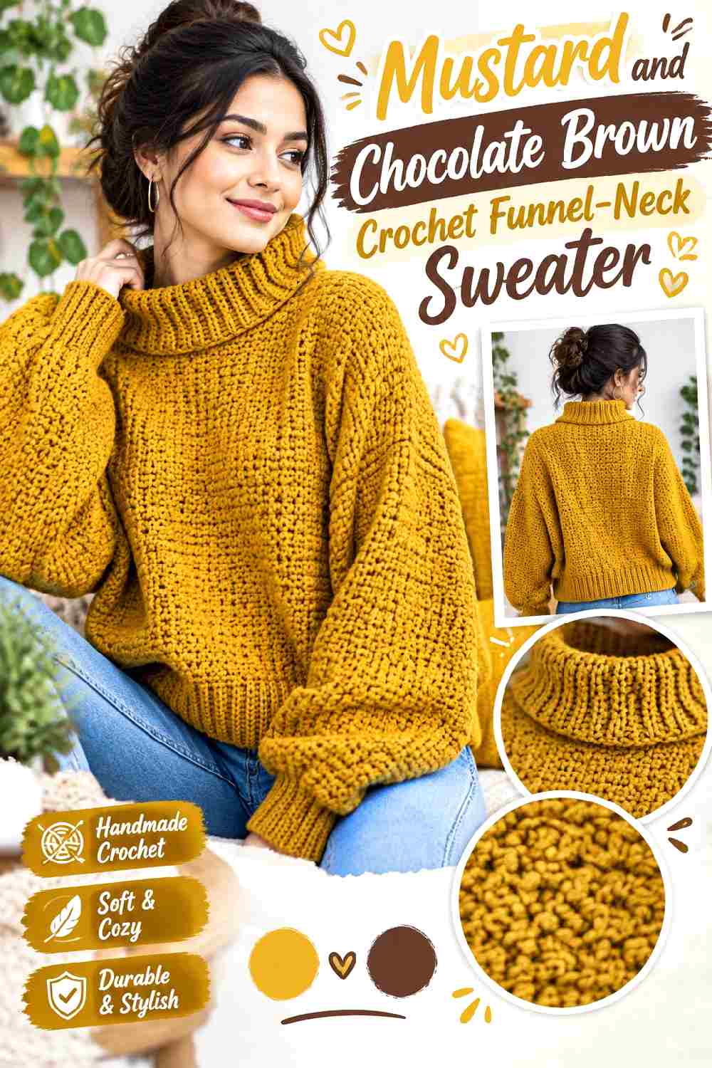4. Mustard And Chocolate Brown Crochet Funnel Neck Sweater