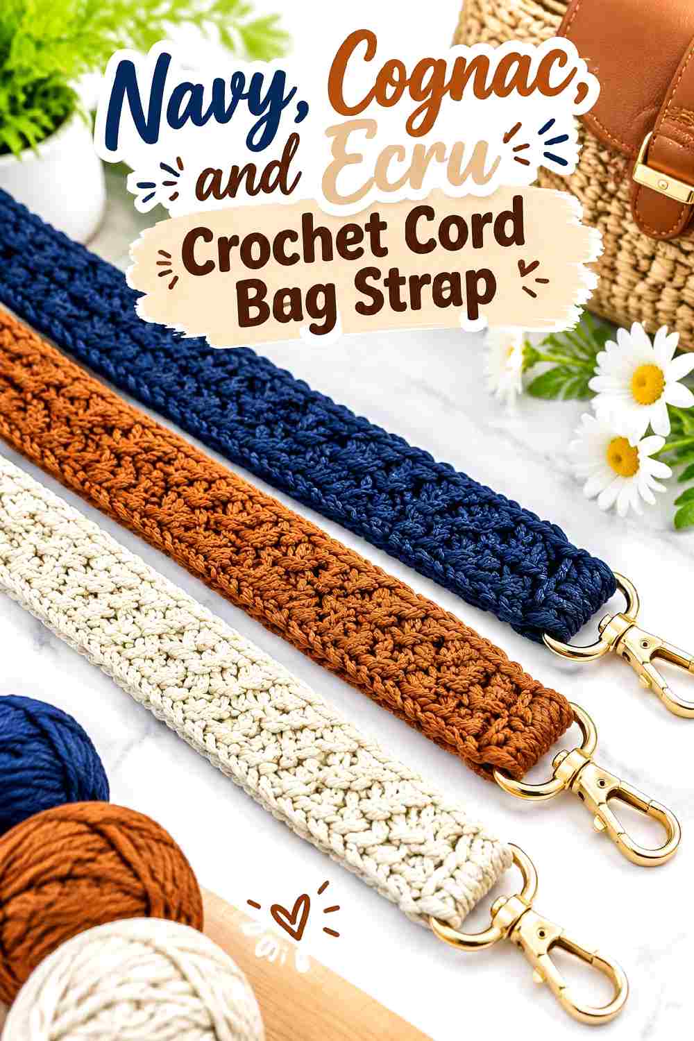 7. Navy Cognac And Ecru Crochet Cord Bag Strap