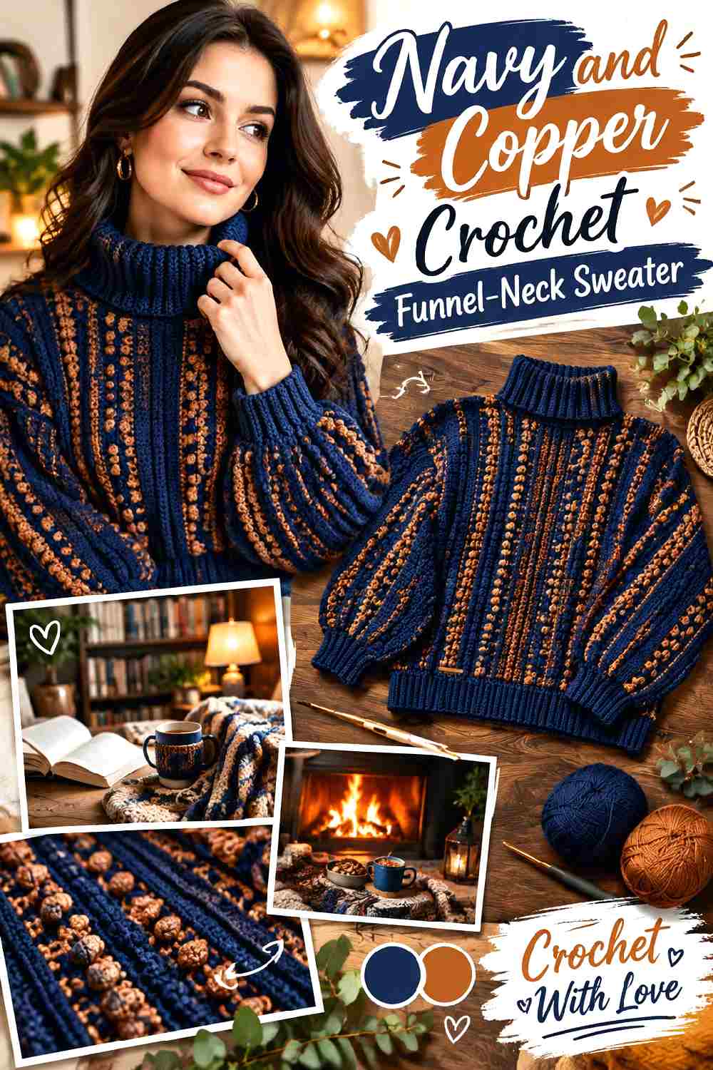 9. Navy And Copper Crochet Funnel Neck Sweater