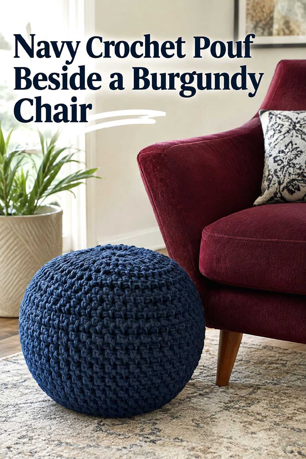 Navy crochet pouf beside a burgundy chair