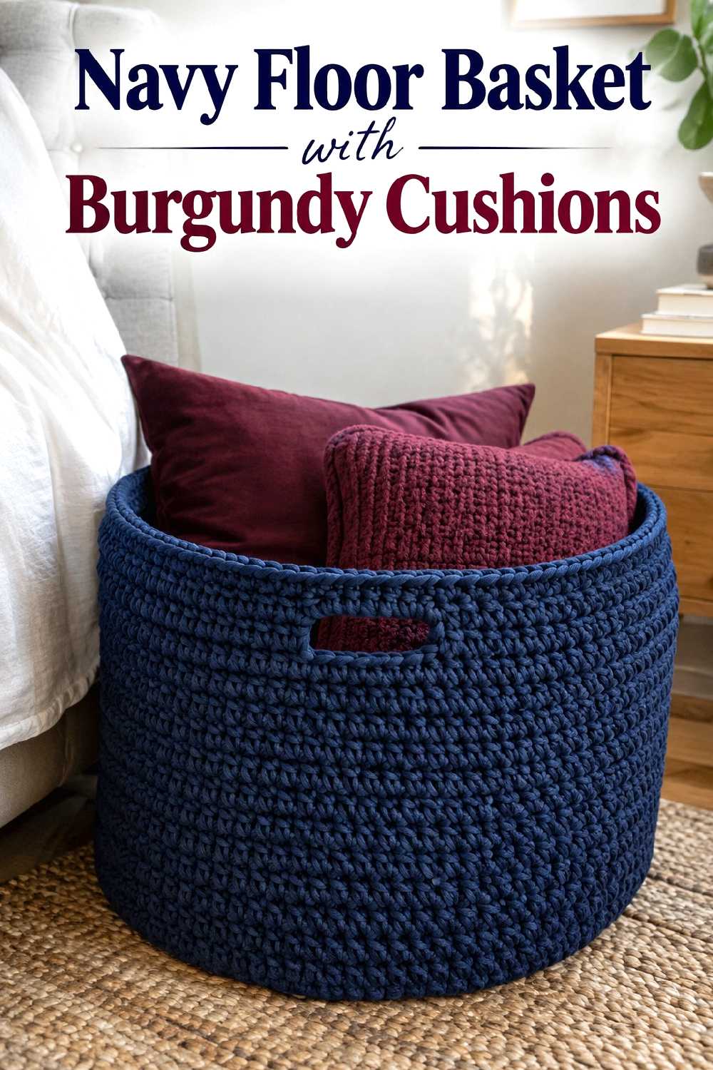 Navy floor basket with burgundy cushions