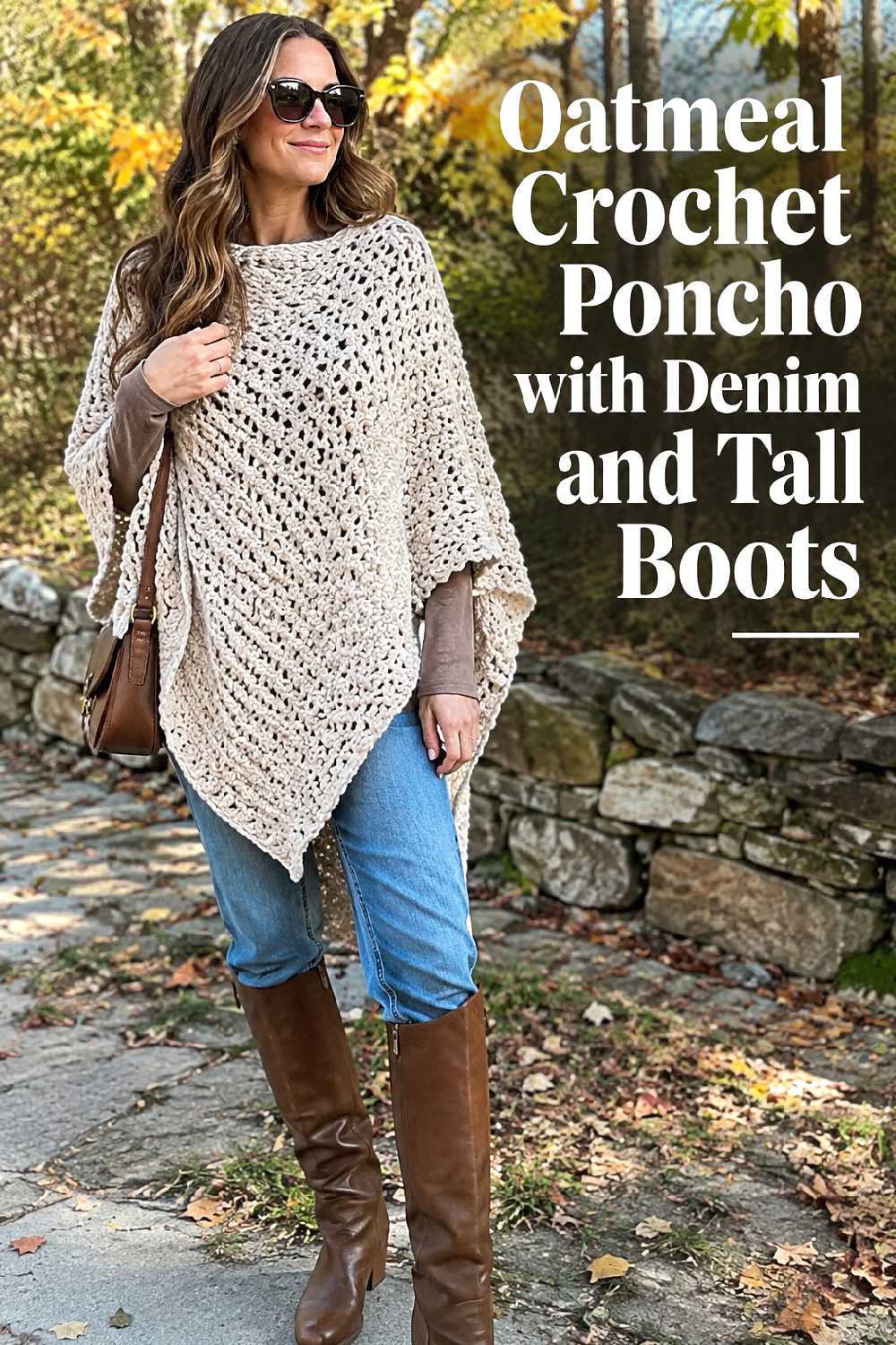 8. Oatmeal Crochet Poncho With Denim And Tall Boots