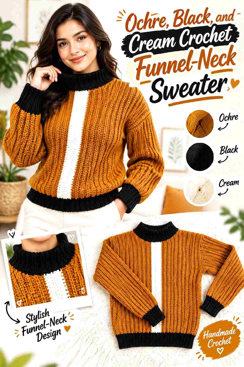 16. Ochre Black And Cream Crochet Funnel Neck Sweater