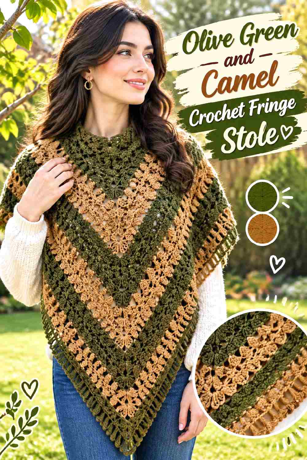 4. Olive Green And Camel Crochet Fringe Stole
