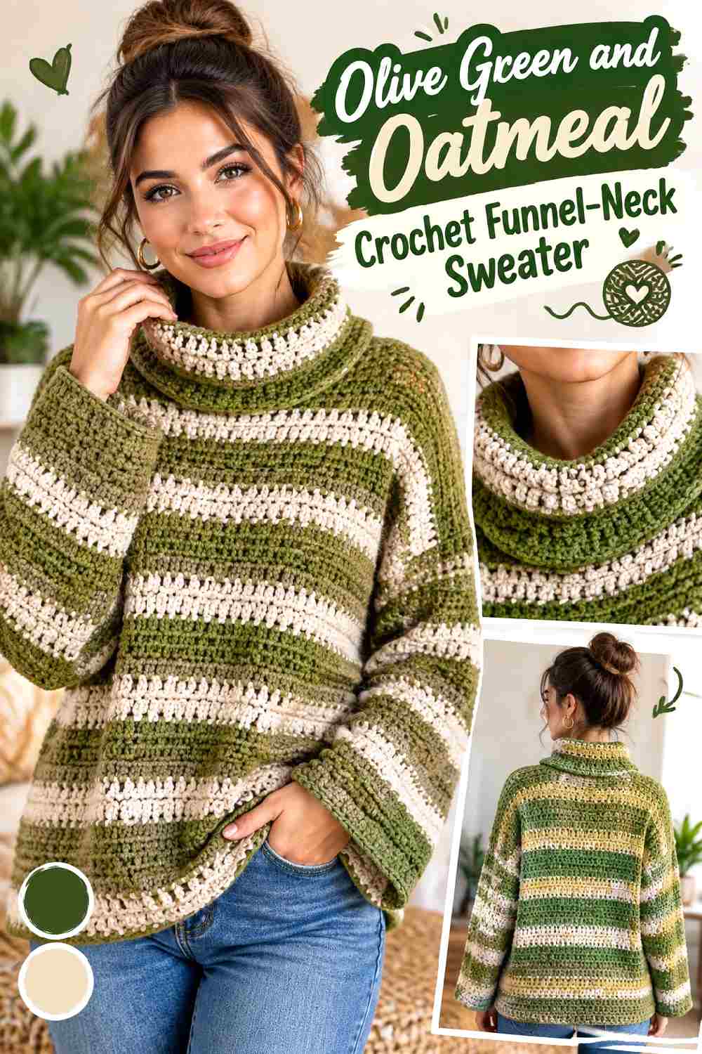 2. Olive Green And Oatmeal Crochet Funnel Neck Sweater
