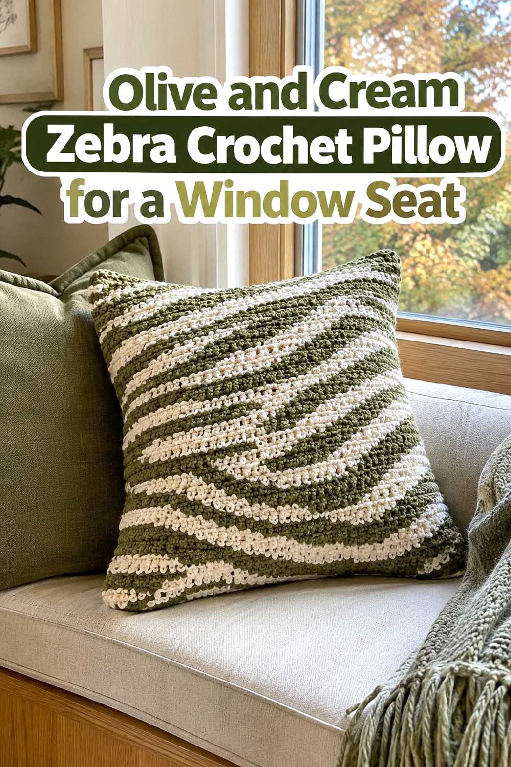 8. Olive And Cream Zebra Crochet Pillow For A Window Seat
