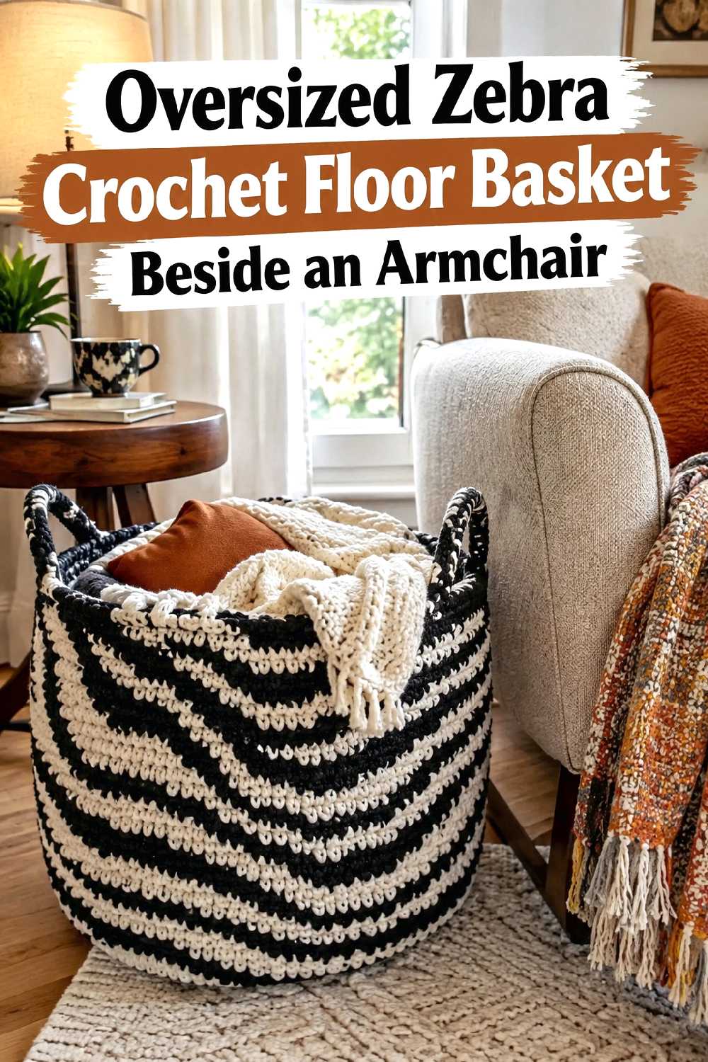 2. Oversized Zebra Crochet Floor Basket Beside An Armchair