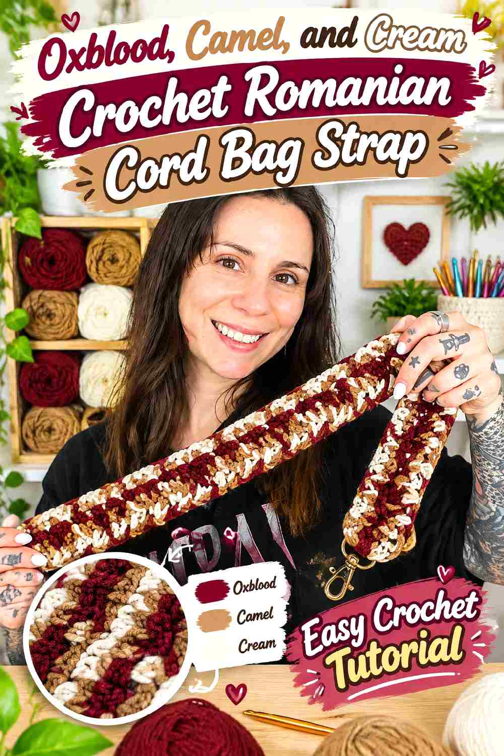 1. Oxblood Camel And Cream Crochet Romanian Cord Bag Strap