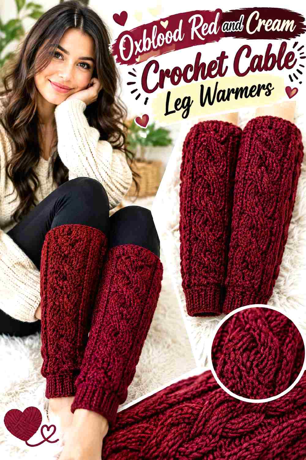 13. Oxblood Red And Cream Crochet Cable Leg Warmers