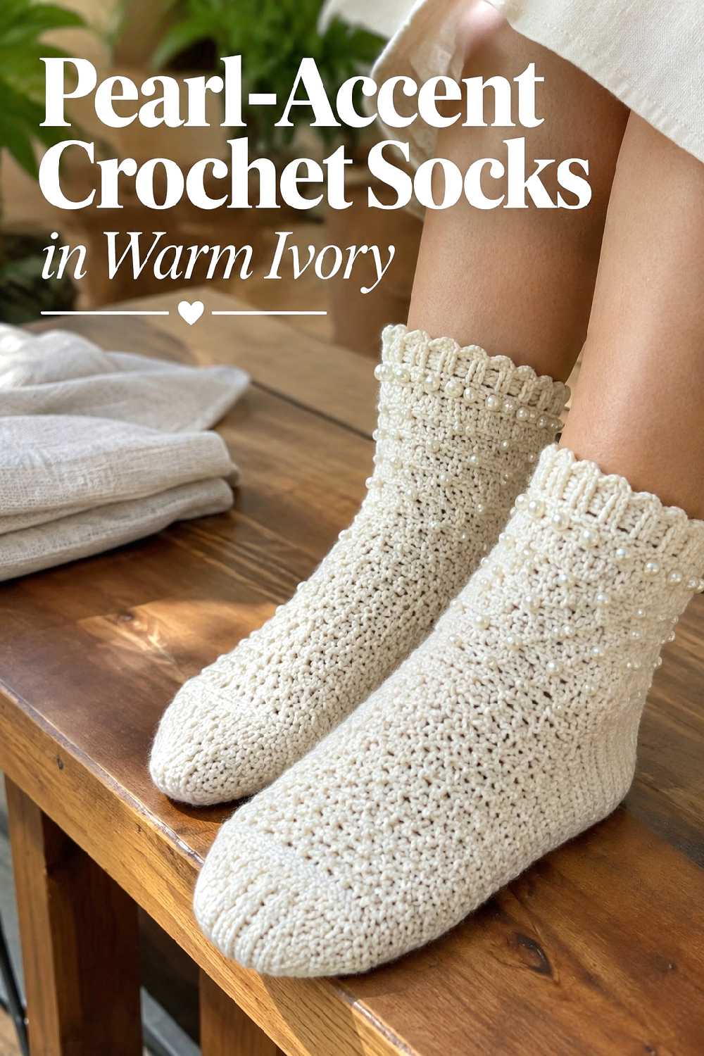 3. Pearl Accent Crochet Socks In Warm Ivory